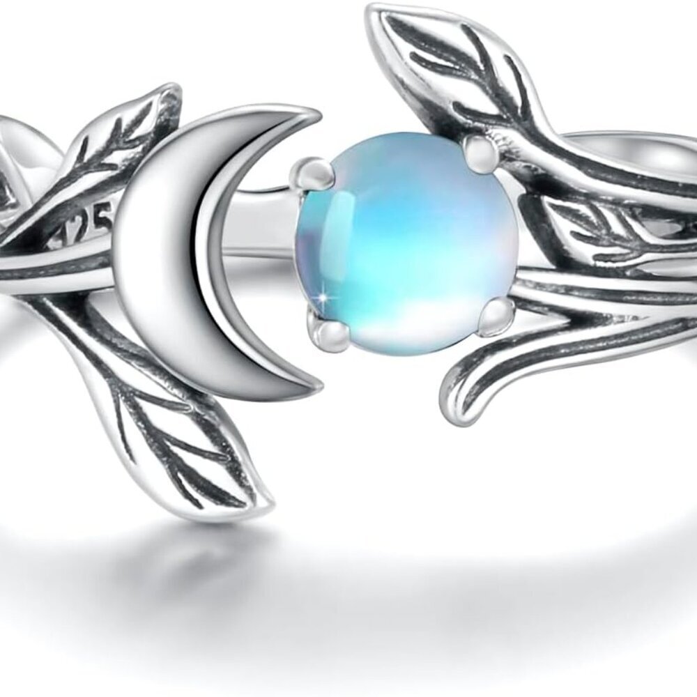 925 Sterling Silver Opal Turquoise Moonstone Moon Ring - Adjustable Vintage Cres